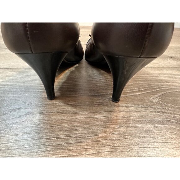 Vintage CHANEL Two Tone Brown Black Leather Ballet CC Bow Pumps Heels 37 - Picture 10 of 15